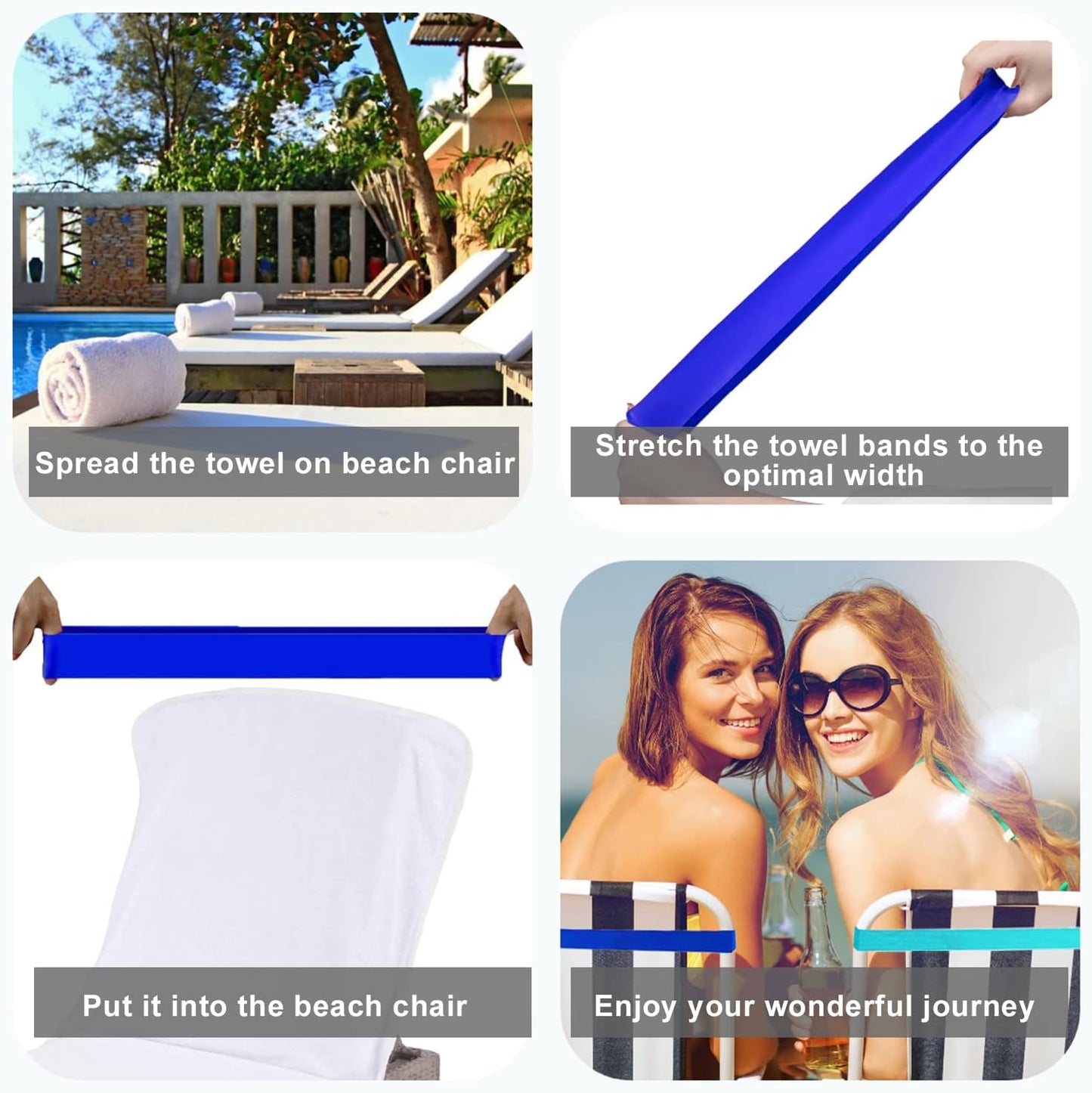 4 Pack Towel Bands, Towel Bands for Beach Chair, Rubber Towel Clips for Pool Chair, Must Haves Beach & Cruise Accessories, Towel Holder for Cruise Chairs, Perfect Alternatives for Towel Clips