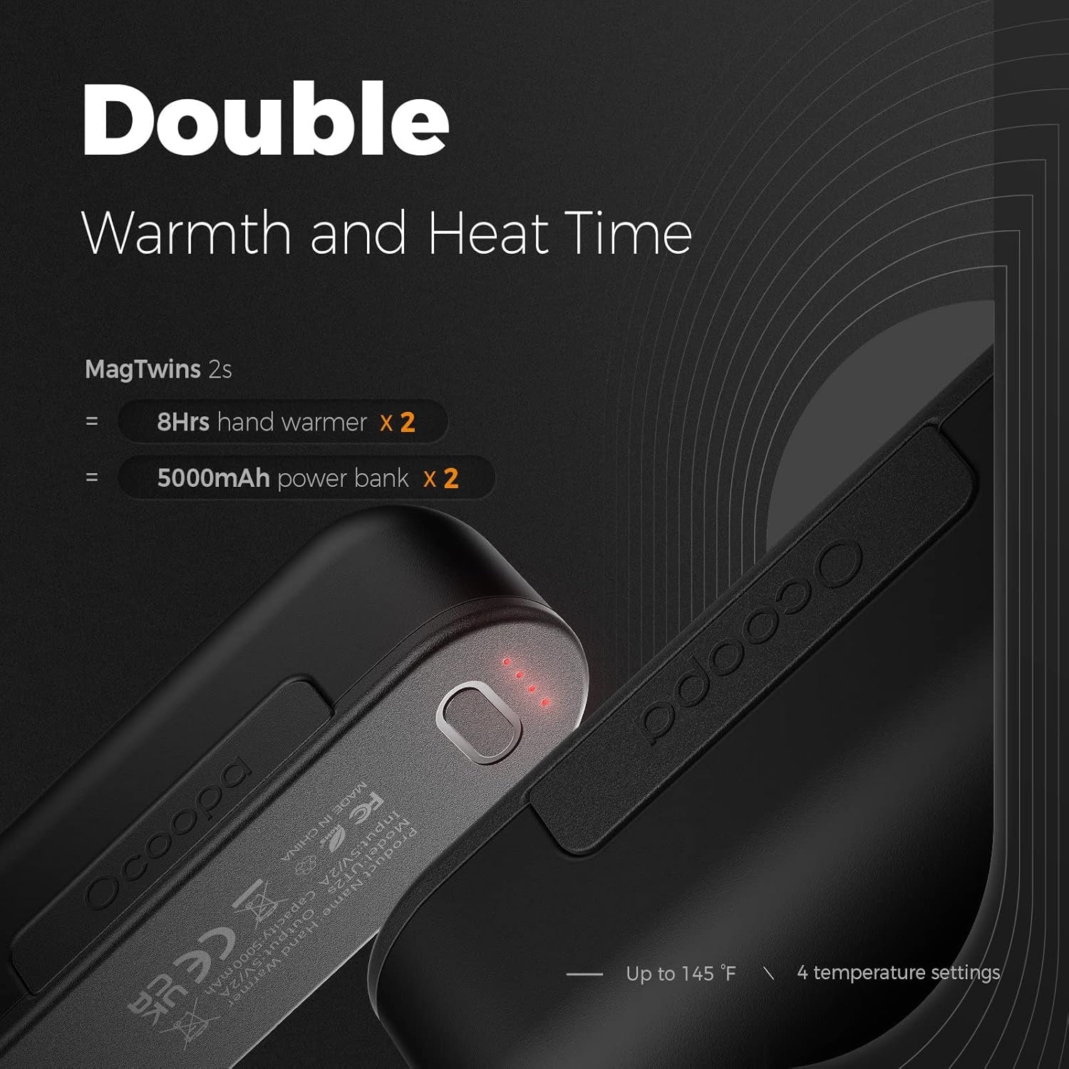 OCOOPA UT2S Rechargeable Magnetic Hand Warmers - Dual 5000mAh Units with 4 Adjustable Heat Settings, Rapid 2-Second Heating, and USB-C Power Bank Functionality for Outdoor and Gaming Enthusiasts