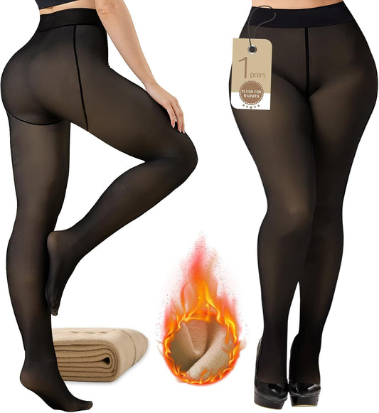 Women's Fleece-Lined High Waist Thermal Leggings - Translucent Thick Warm Pantyhose for Winter